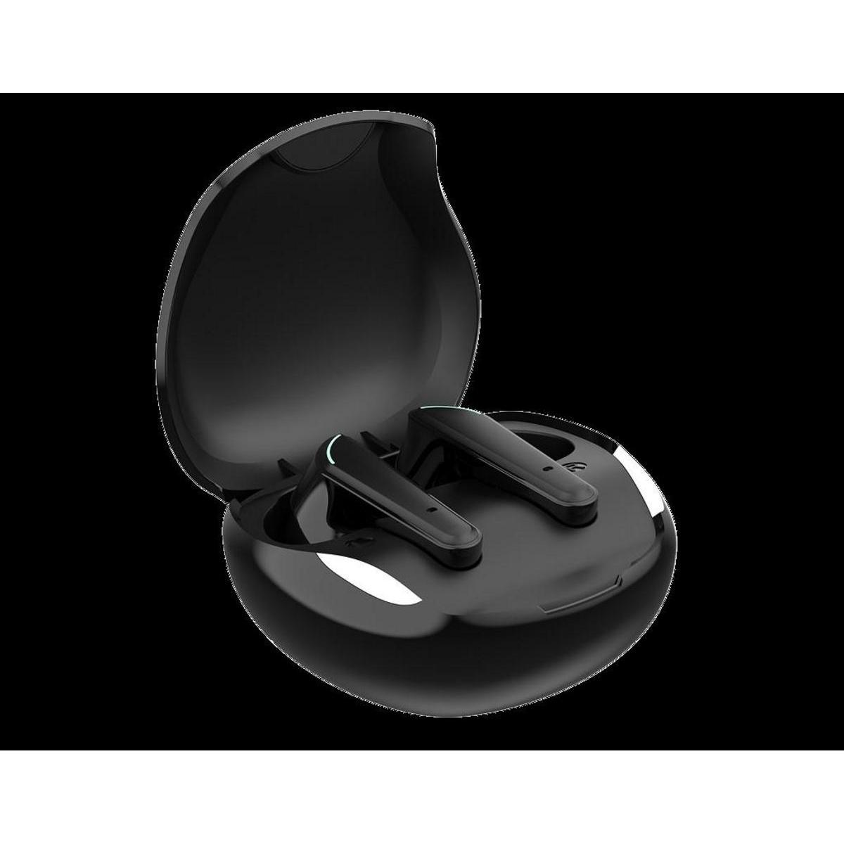 Auriculares inalámbricos negros en un estuche de carga. El estuche está abierto y ambos auriculares están dentro. El fondo es negro.