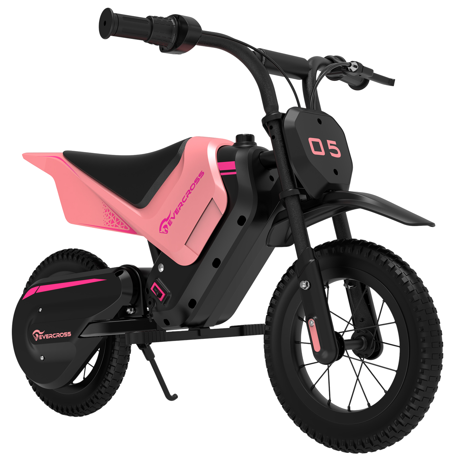 Rosa-schwarzes Evercross Elektro-Dirtbike, Nummer 05 vorne, schwarze Reifen und Lenker, isoliert.