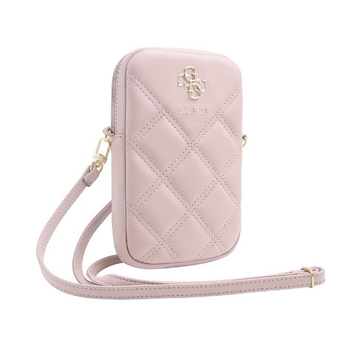 Eine rosa Guess-Umhängetasche. Sie hat ein Steppmuster und ein goldenes Logo. Die Tasche hat einen langen Riemen.