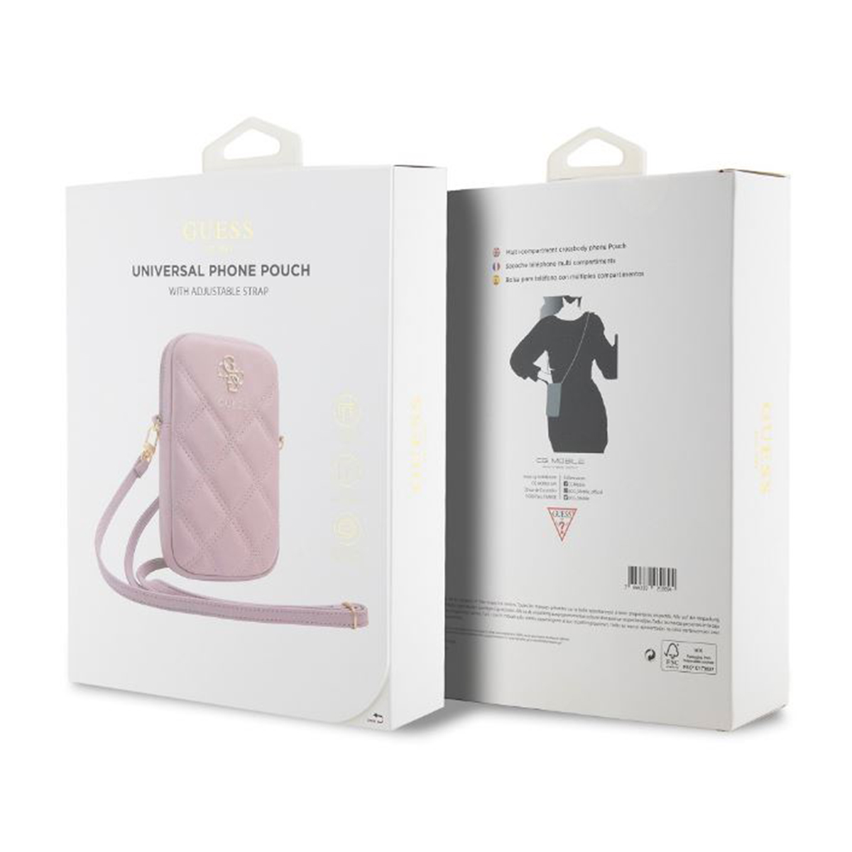 Eine Guess-Handyhüllenbox. Die Box zeigt eine rosa Handyhülle mit verstellbarem Riemen. Auf der Rückseite befindet sich eine Diagramm einer Person, die sie benutzt.