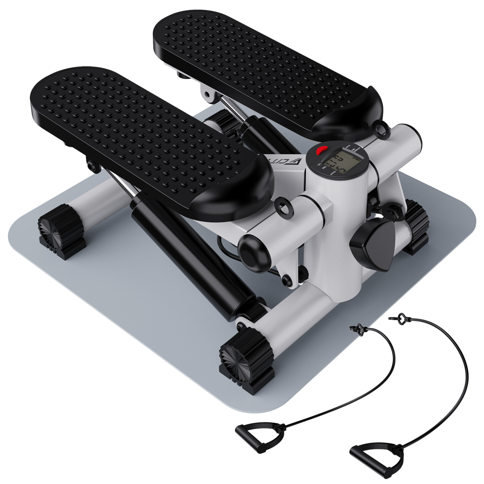 Eine Stepper-Trainingsmaschine. Sie hat schwarze Fußpolster, ein weißes Gestell und eine Digitalanzeige. Schwarze Griffe sind angebracht.