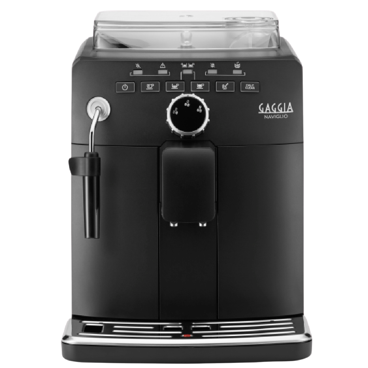 Czarny ekspres do kawy Gaggia Naviglio z przyciskami i dyszą do spieniania mleka na czarnym tle.