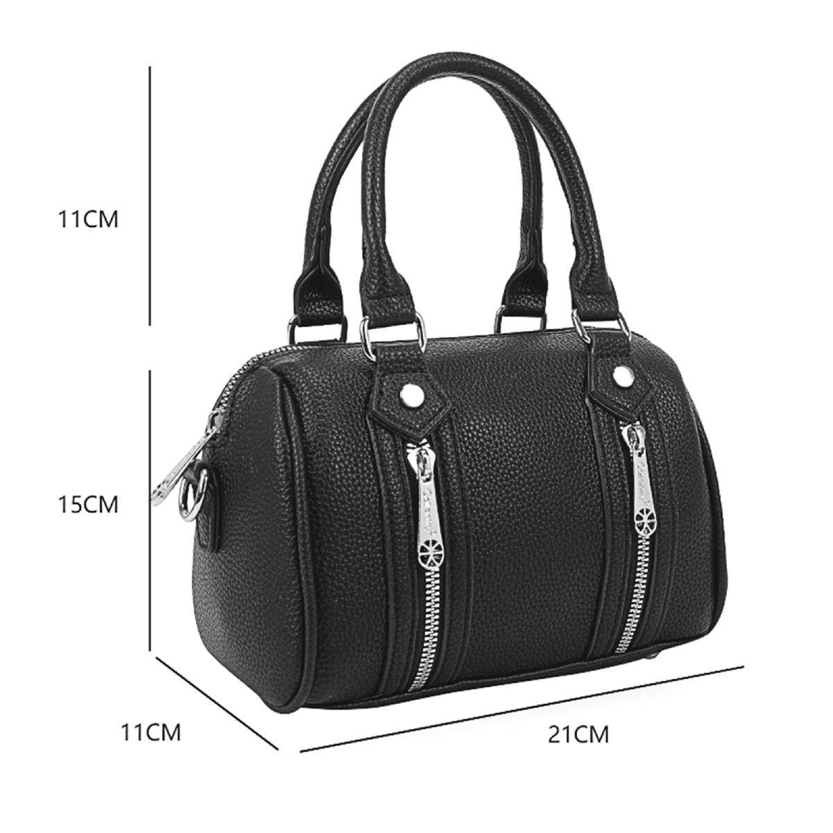 Bolso de mano de cuero negro con dos asas, dos cremalleras y herrajes plateados. Dimensiones: 11 cm, 15 cm y 21 cm.