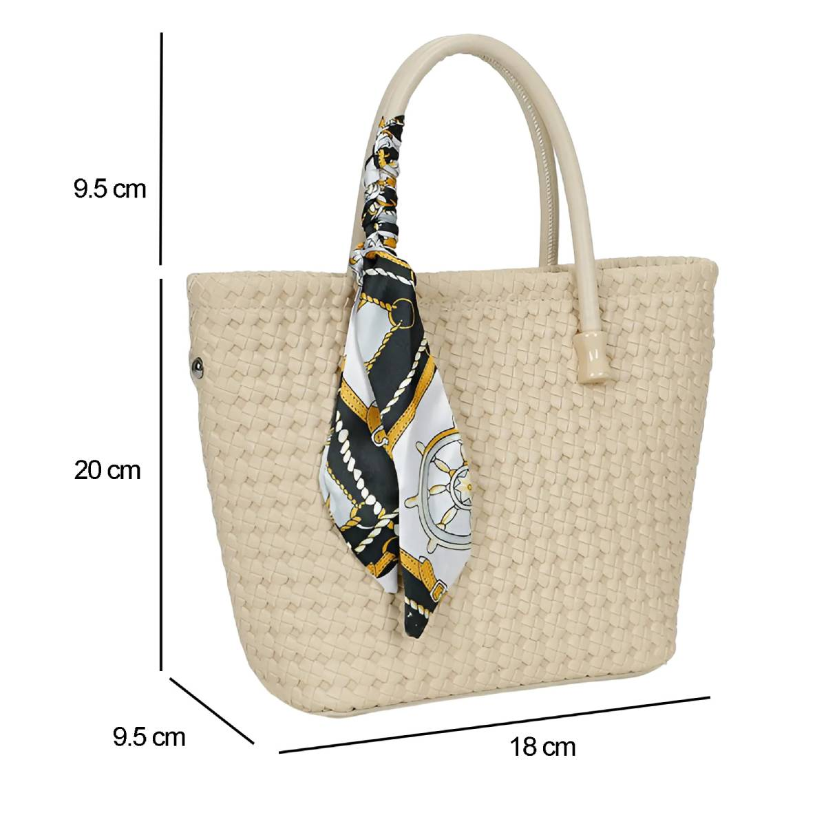 Bolso tote beige tejido con pañuelo estampado en el asa. Dimensiones: 20cm alto, 18cm ancho y 9,5cm base.