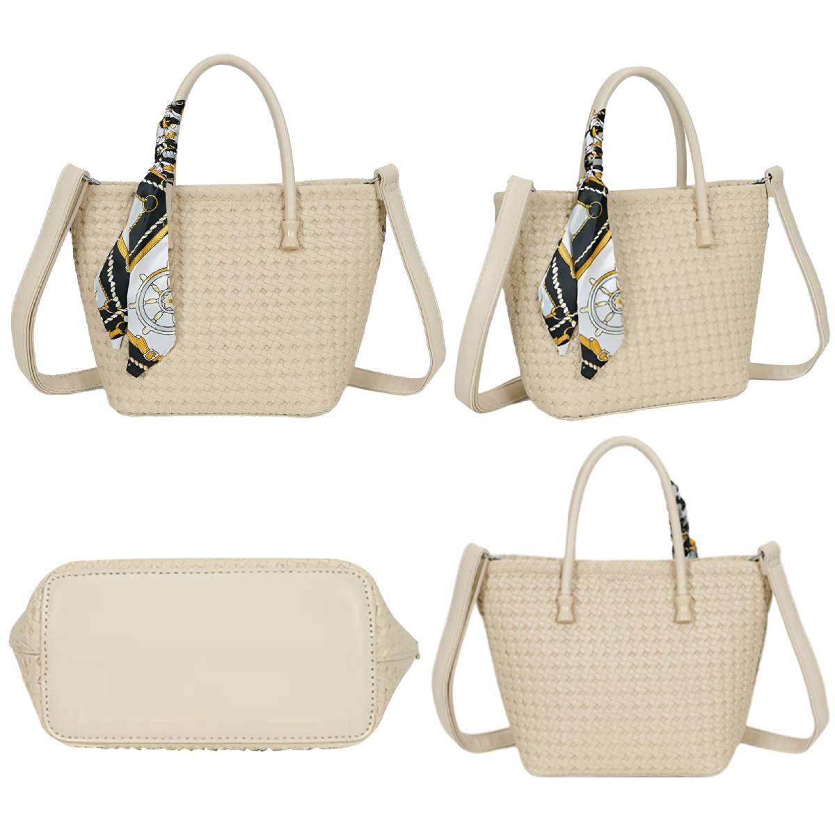 Cuatro vistas de un bolso tote tejido beige con asas y una bufanda. Incluye correas para el hombro y una base sólida.