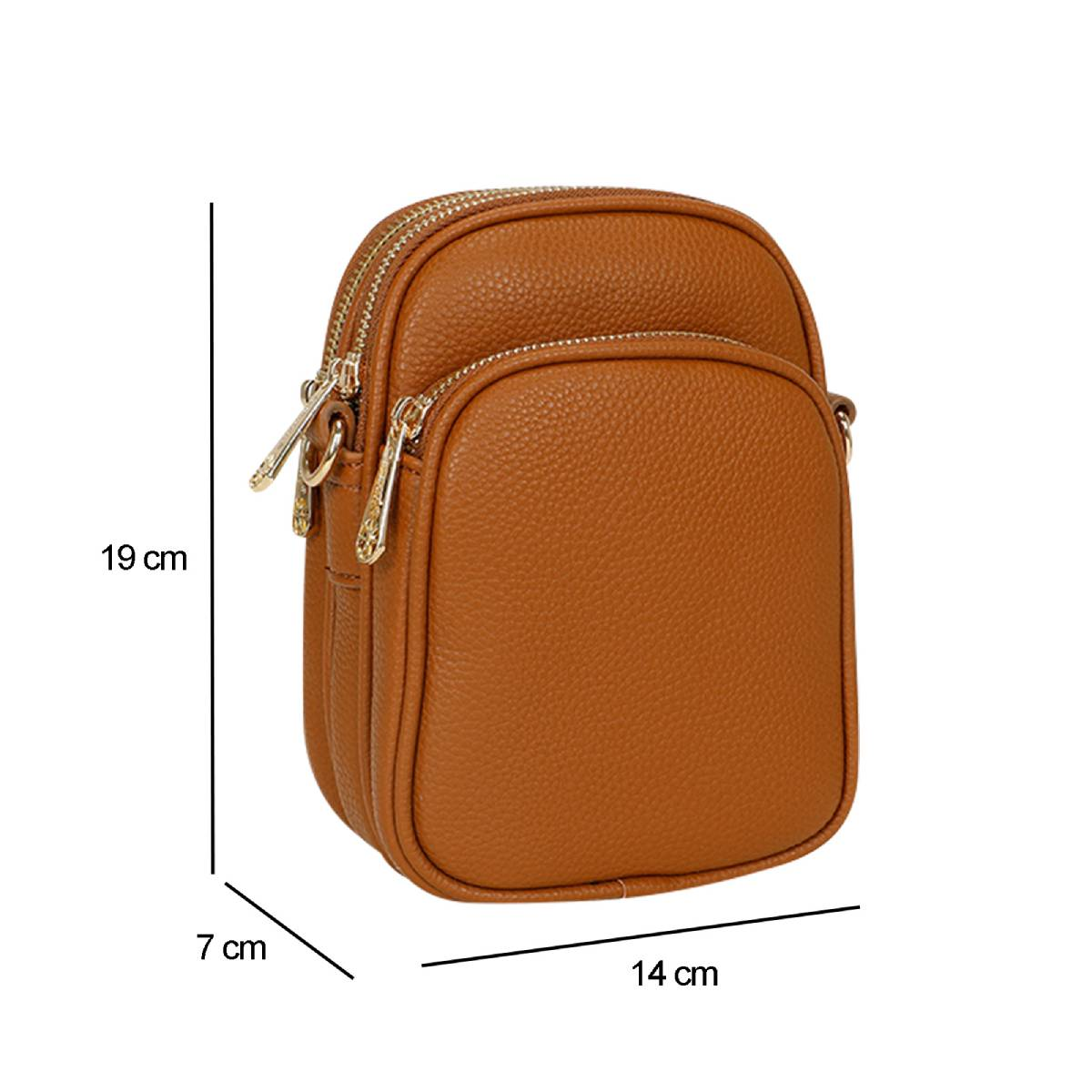 Un bolso bandolera de cuero marrón con dos compartimentos. Dimensiones: 19 cm alto, 14 cm ancho, 7 cm profundidad. Cremalleras doradas.