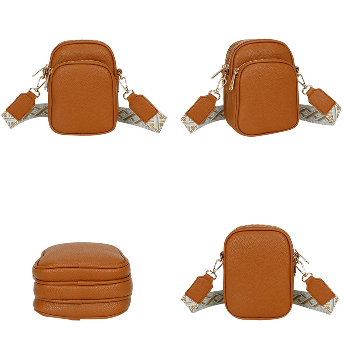 Cuatro bolsos cruzados de cuero marrón con correas estampadas. Una bolsa está apilada. Fondo blanco.
