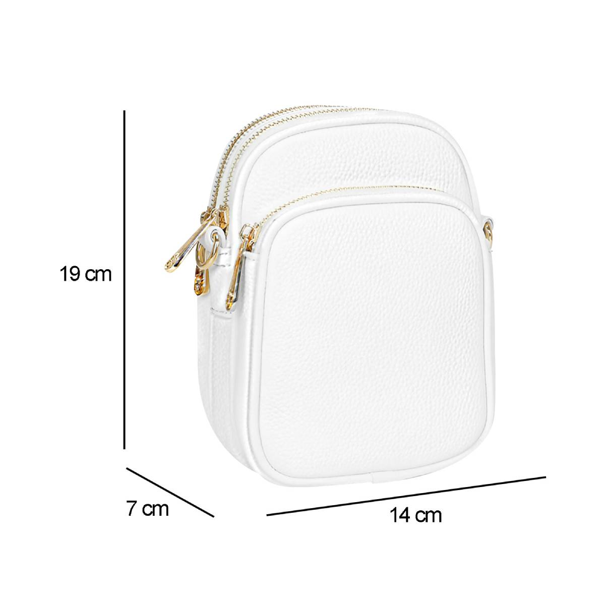Se muestra un bolso blanco rectangular. Las dimensiones están etiquetadas: 19 cm de alto, 14 cm de ancho y 7 cm de profundidad. Cremalleras doradas visibles.