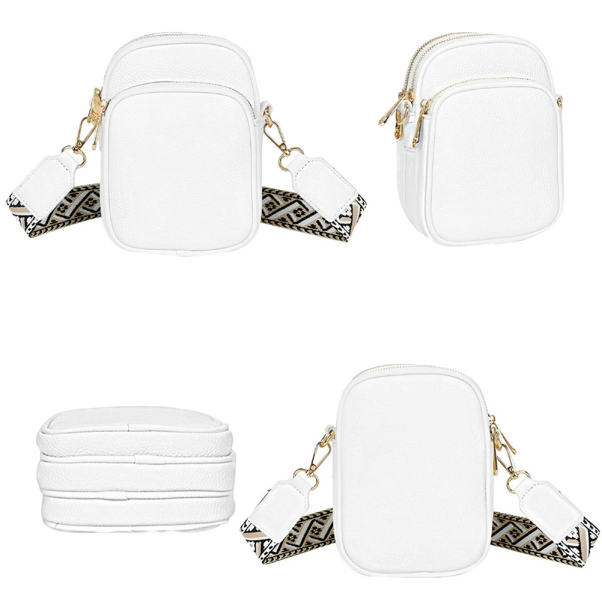 Se muestran cuatro bolsos cruzados blancos con cremalleras doradas y correas estampadas. Una bolsa se ve desde un lado.