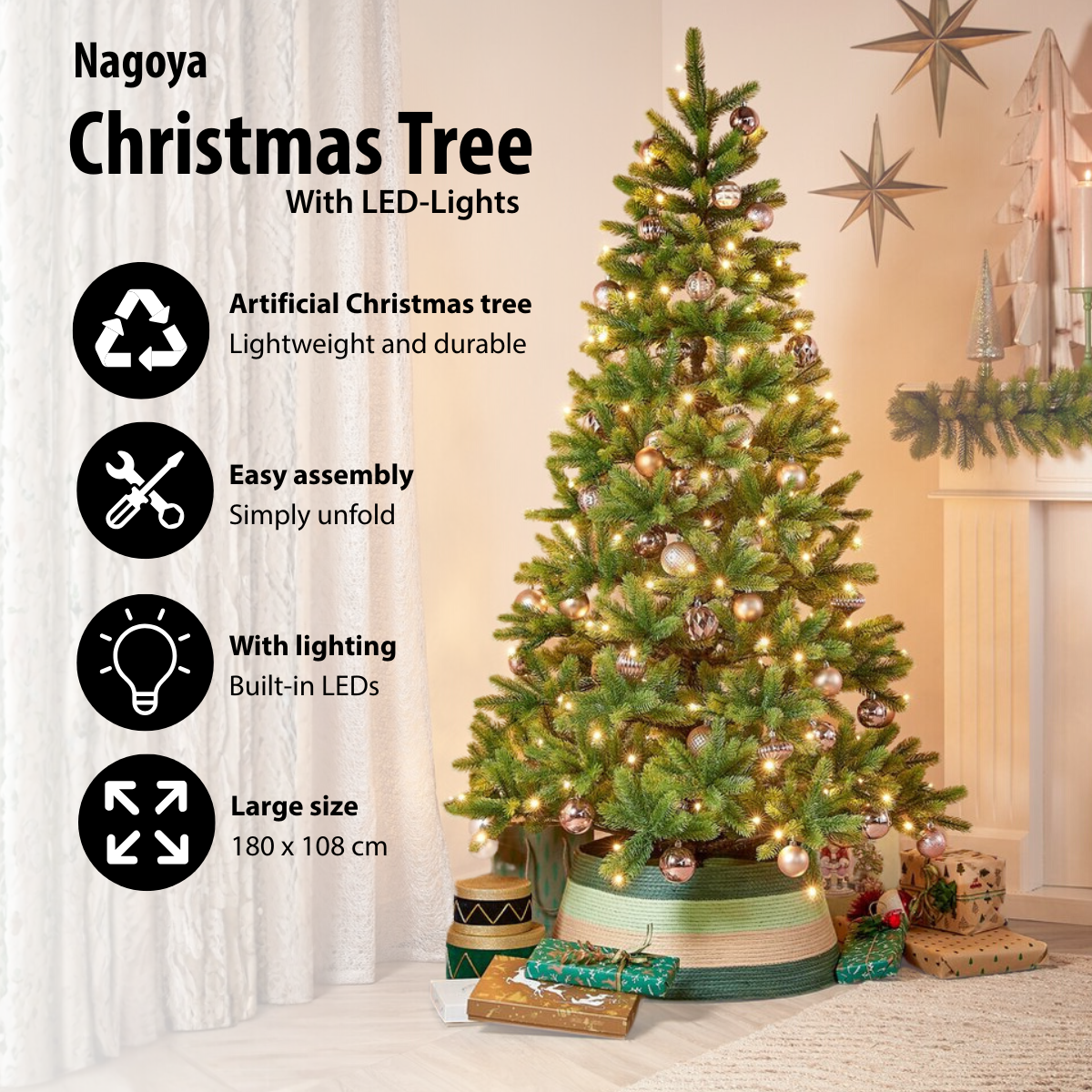 A decorated artificial Christmas tree with lights. The tree is in a room with gifts and decorations. The product name is on the image.