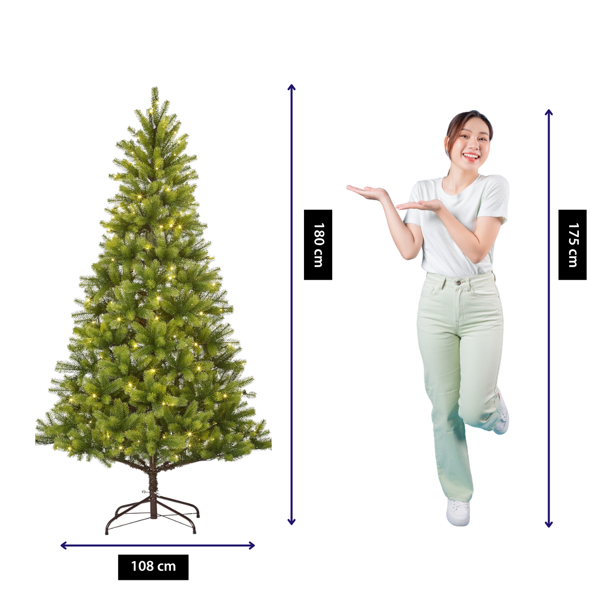 A woman stands by a Christmas tree, pointing. The tree is lit with lights. Measurements of the tree and woman are also shown.