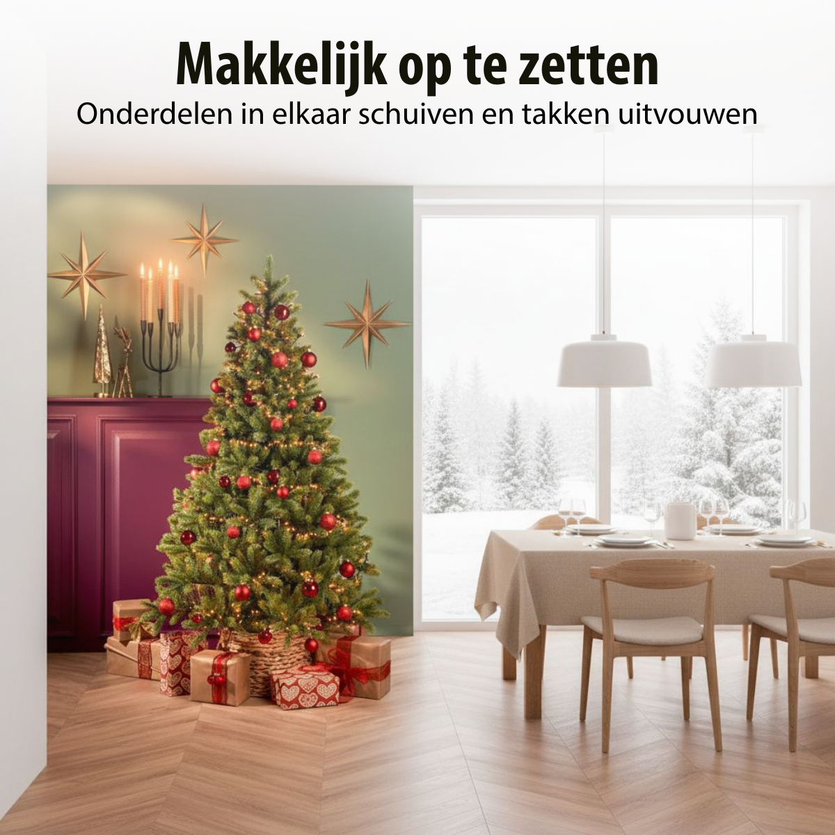 A decorated Christmas tree with red ornaments and lights. Presents are under the tree, a table is set, and a snowy view is outside.
