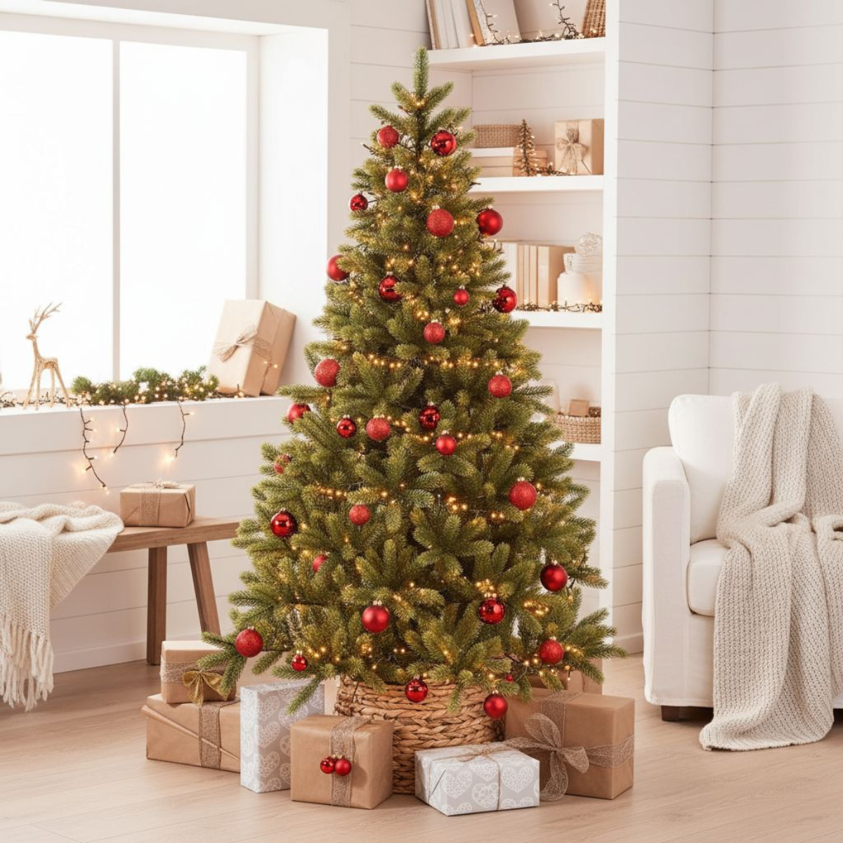 A decorated Christmas tree with red ornaments and lights. Gifts are around its base. A white couch and shelves are in the background.