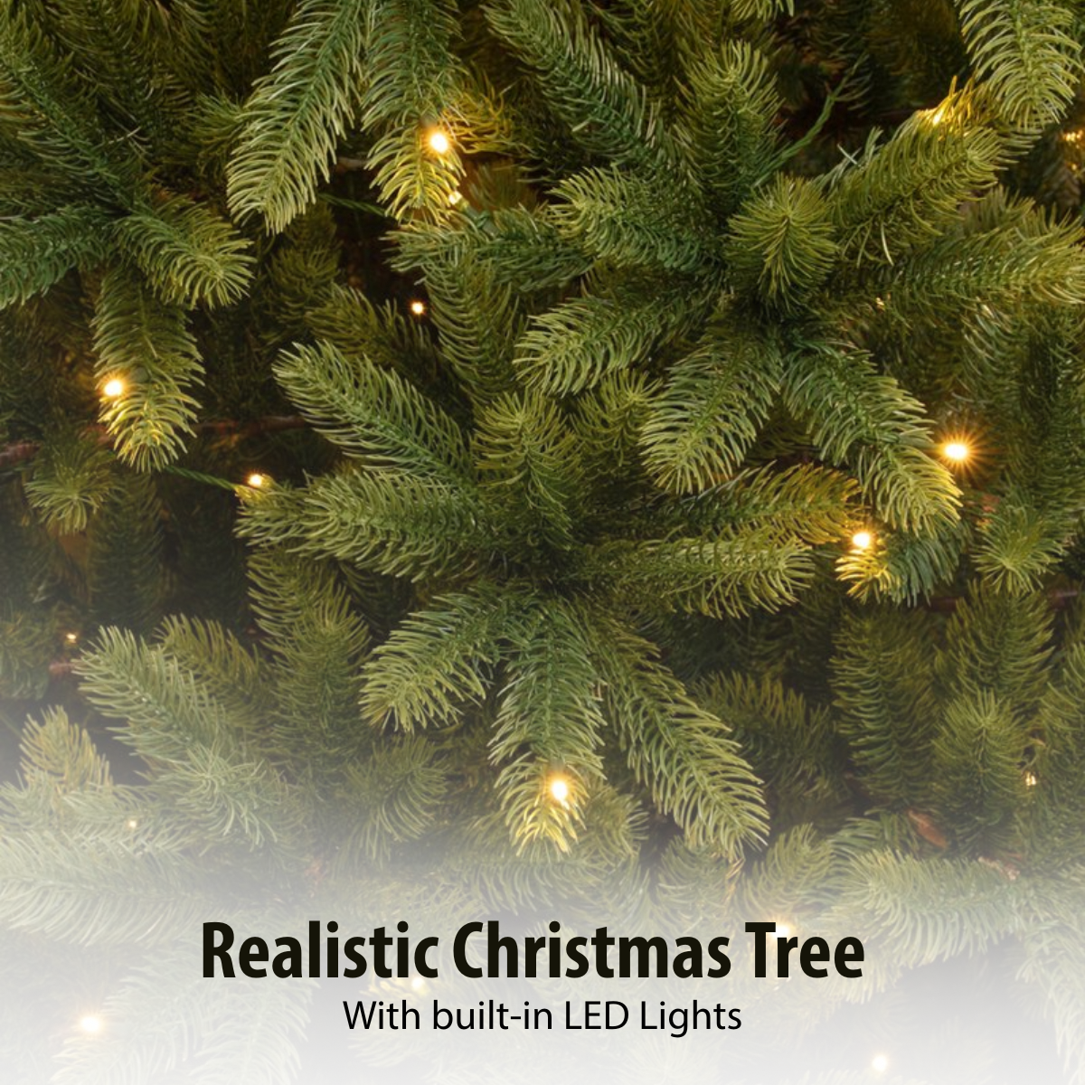 A close-up of a green Christmas tree with small yellow LED lights. The needles are dense and the lights are evenly spaced.