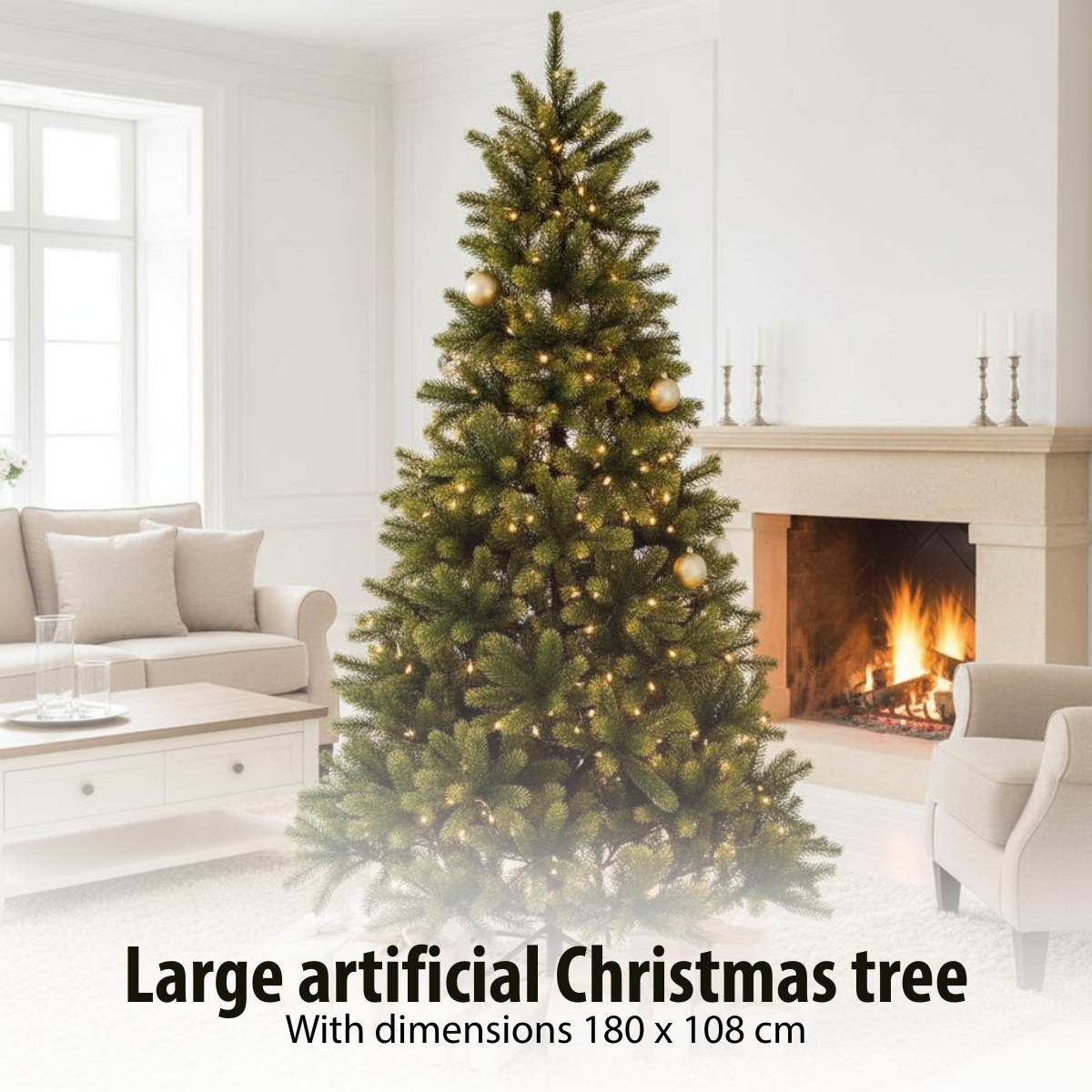 A large artificial Christmas tree stands in a living room, decorated with lights and ornaments, beside a fireplace.