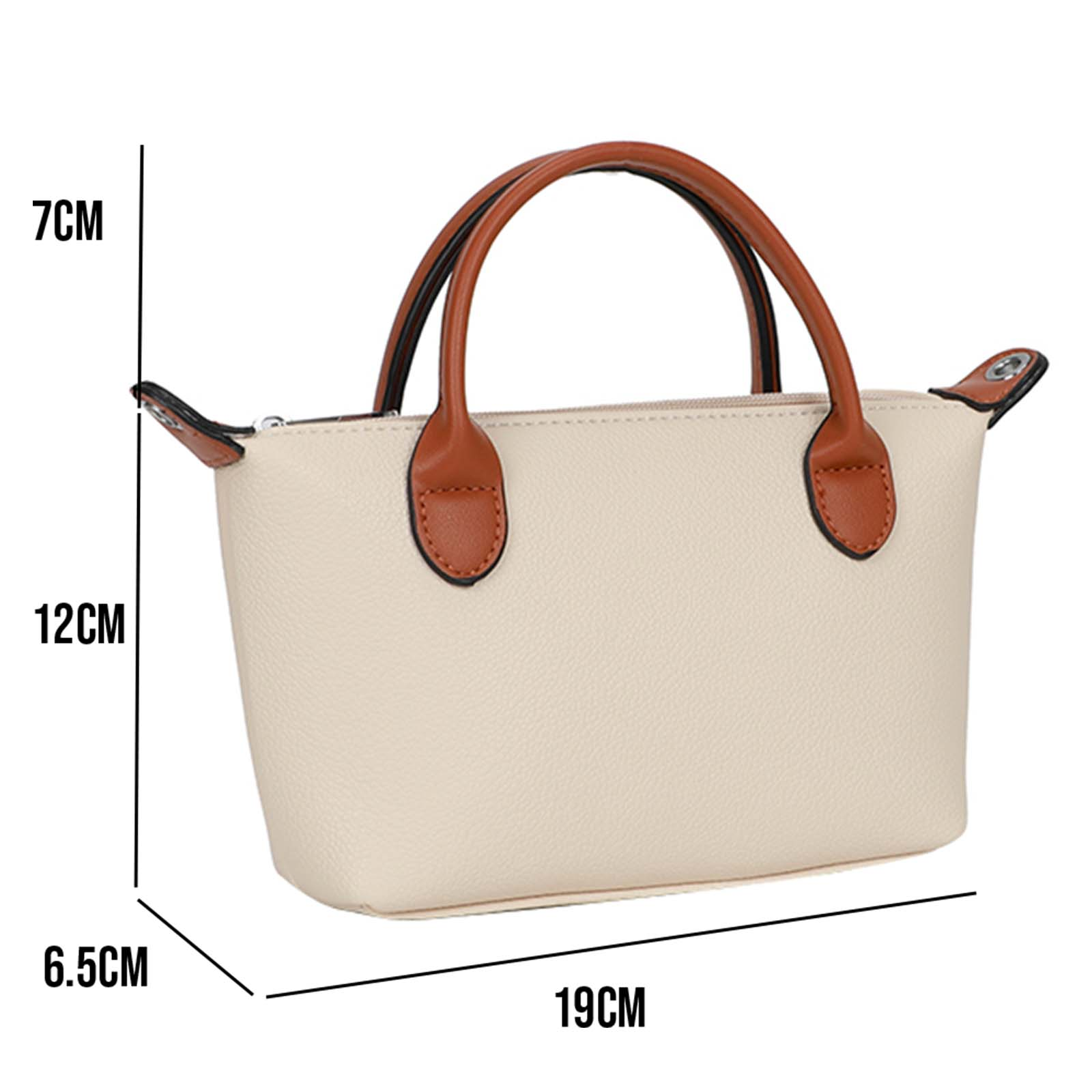 Bolso crema con asas marrones, dimensiones: 19cm ancho, 12cm alto, 7cm altura asa.