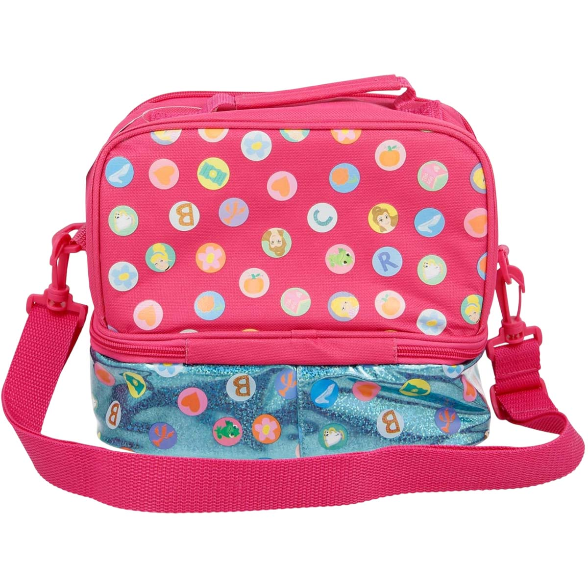 Una borsa per il pranzo rosa con manico e tracolla. Presenta pois con immagini di personaggi e un fondo blu glitterato.