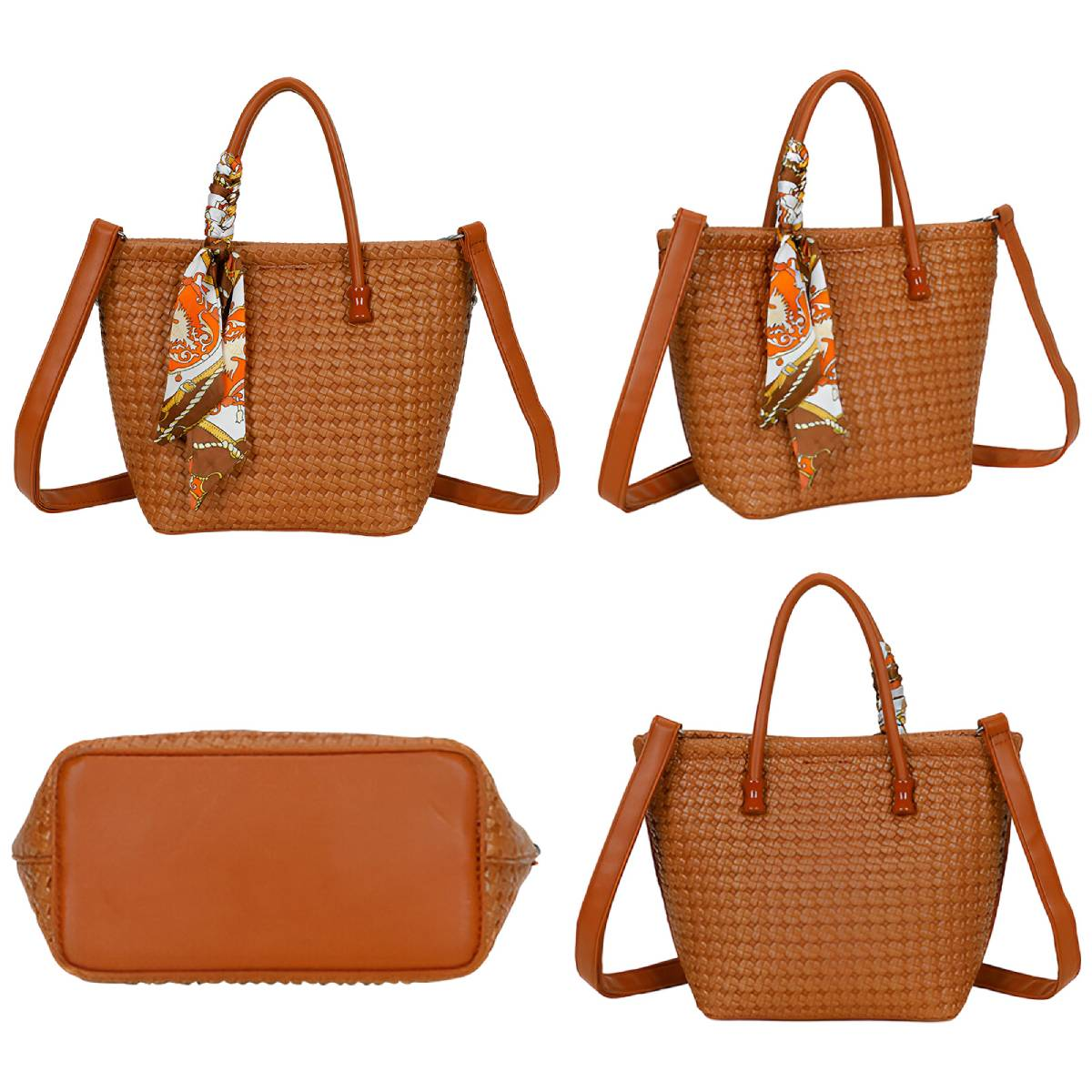 Un bolso tote tejido marrón con bufanda, asa superior y correas para el hombro. La bolsa se muestra desde diferentes ángulos.