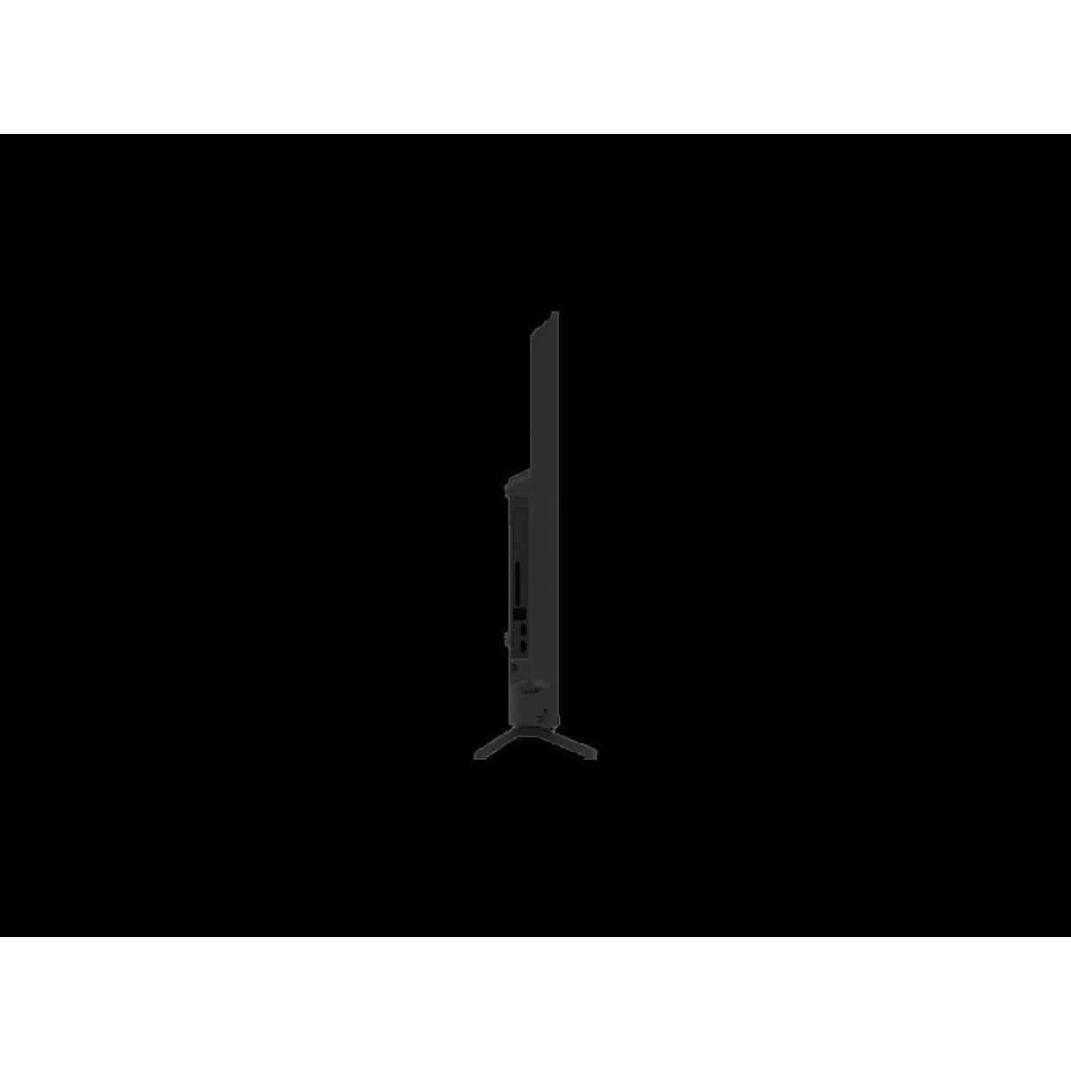 Vista lateral de un televisor negro. La pantalla está oscura y el televisor está sobre dos patas pequeñas.