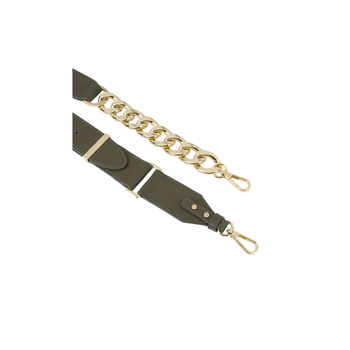Olivgrüner Leder-Taschenriemen mit goldfarbener Metallhardware und goldfarbenem Kettenträger. Beide auf weißem Hintergrund.