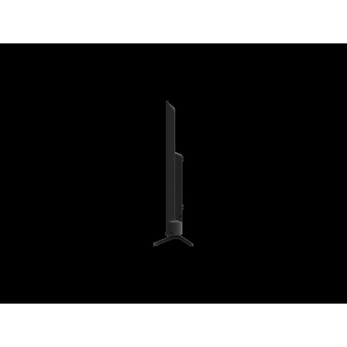 Vista lateral de un televisor negro sobre un fondo negro. El televisor es delgado, con un soporte en la parte inferior.