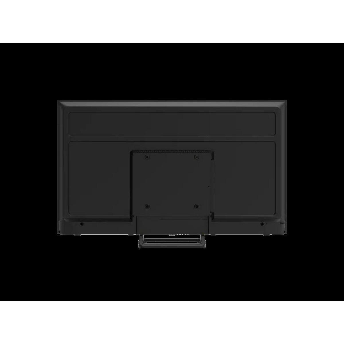 La parte trasera de un televisor negro está centrada contra un fondo negro. Tiene un soporte y un asa.