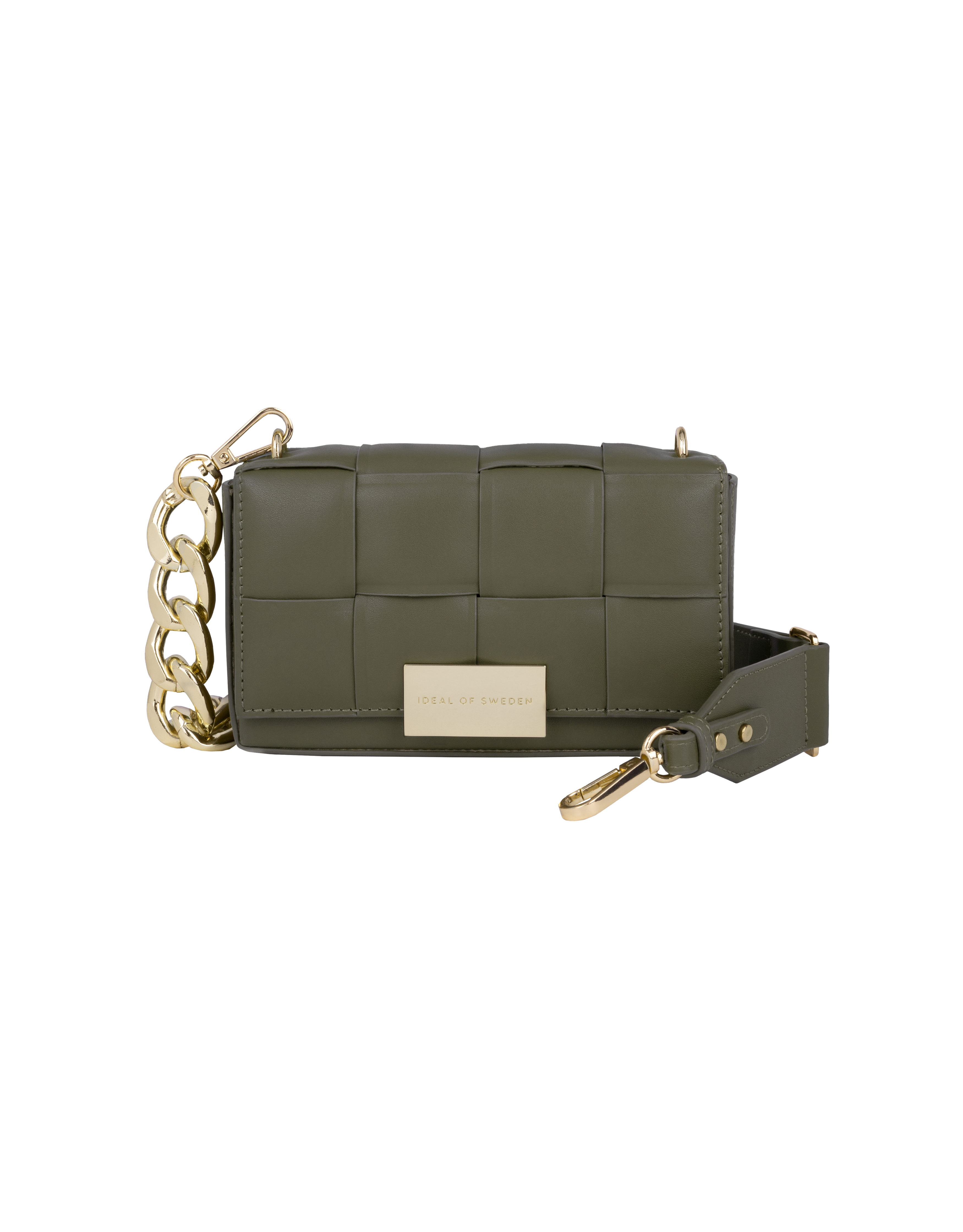 Olivgrüne Schultertasche im Webmuster mit goldener Kette und Riemen. Goldverschluss und Ideal of Sweden Logo sichtbar.