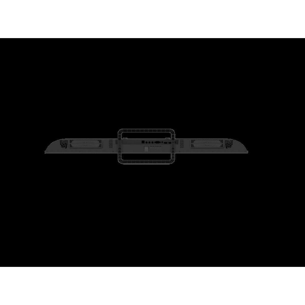 Una barra de sonido negra con diseño de malla rectangular en el centro y bordes redondeados sobre un fondo negro.