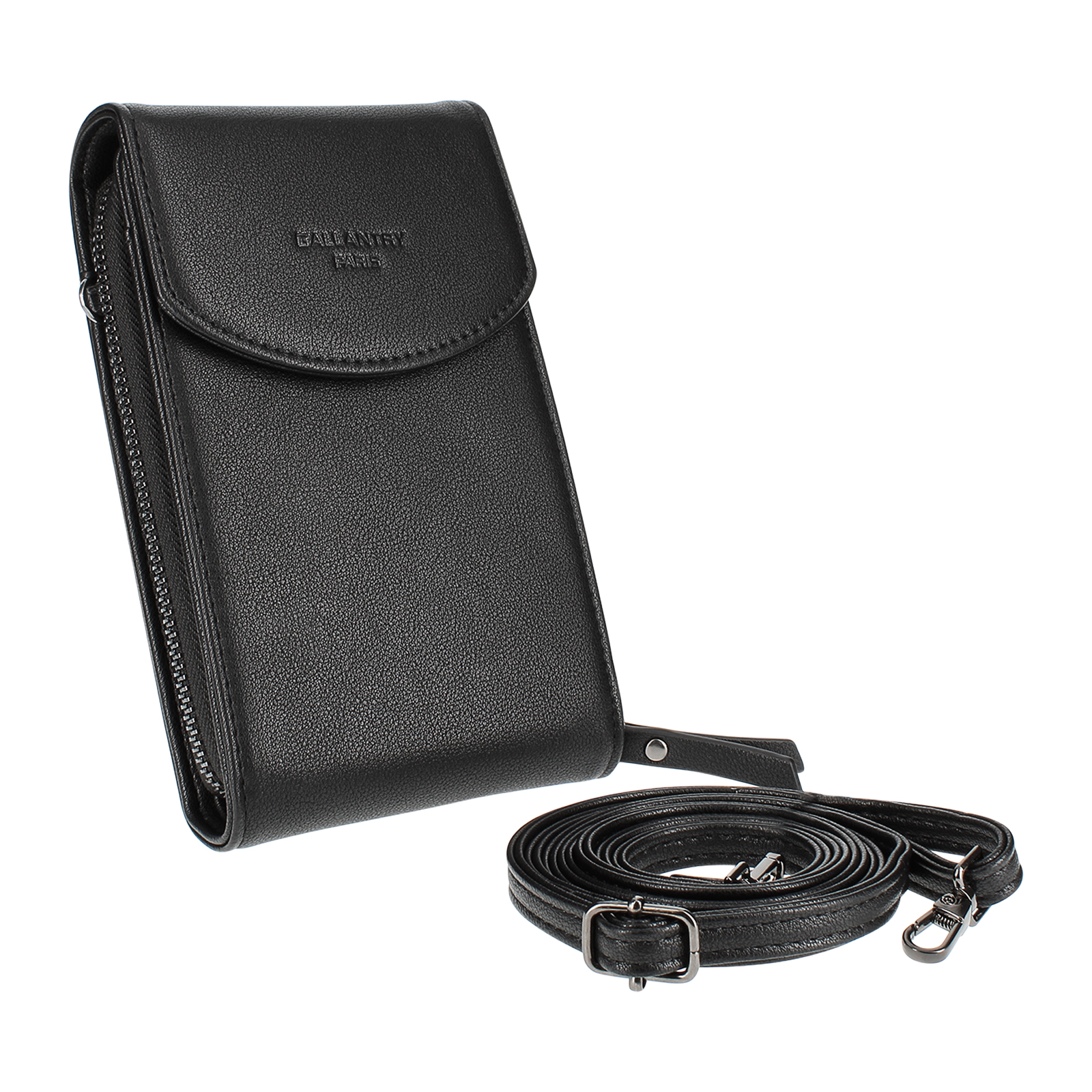Bolso de teléfono de cuero negro con correa para el hombro. "BALLANTRY PARIS" está impreso en la parte delantera. Aislado sobre fondo blanco.