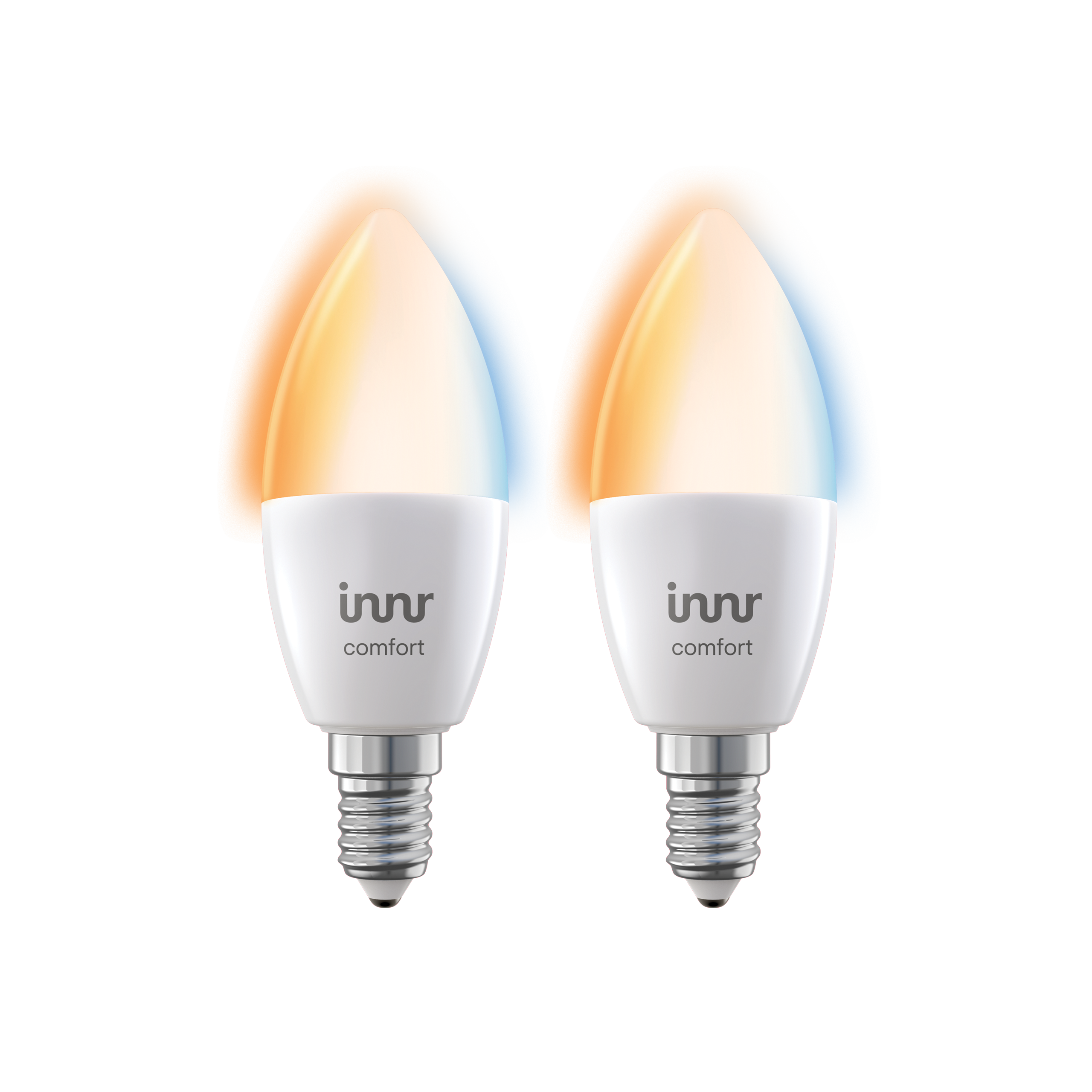 Deux ampoules intelligentes blanches sur fond noir. Les ampoules ont des effets de lumière orange et bleue.