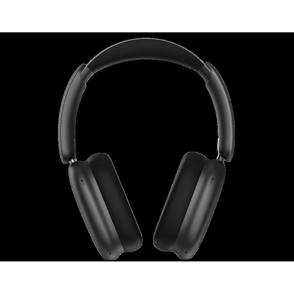 Un par de auriculares negros de diadema. Los auriculares tienen una diadema curvada y auriculares rectangulares, todo sobre un fondo negro.