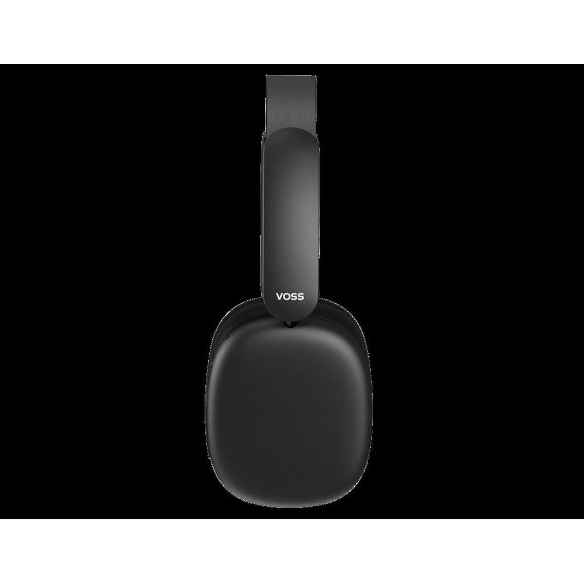 Unos auriculares negros Voss con una orejera cuadrada y una diadema. El fondo es negro sólido.