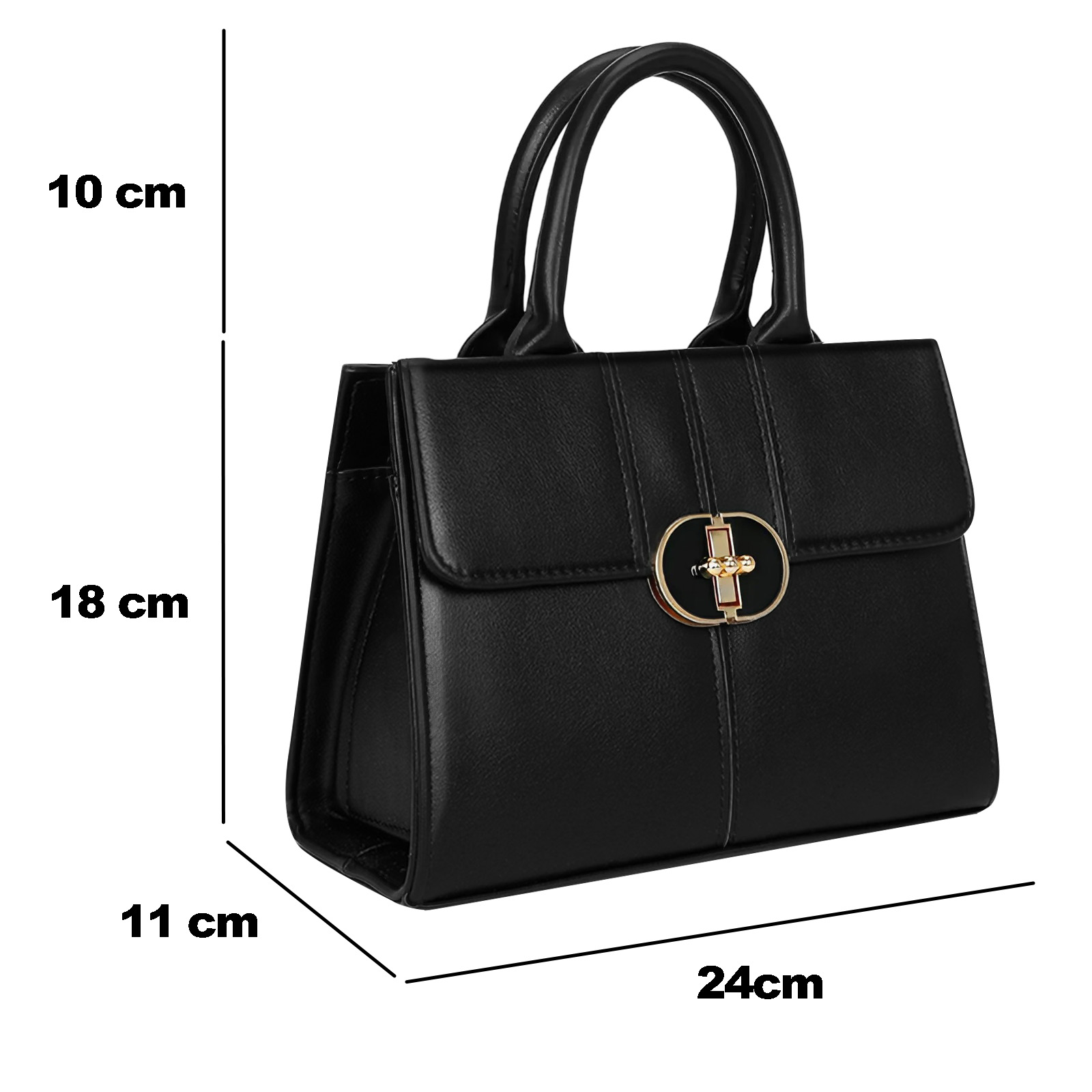Un bolso negro con asa y cierre dorado. Dimensiones: 24x11x18 cm. El asa mide 10 cm.