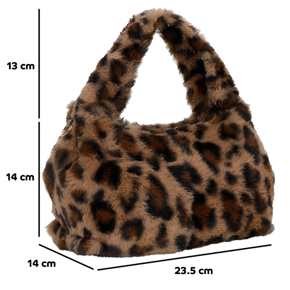 Eine flauschige Handtasche mit Leopardenmuster. Maße: 13 cm hoch, 14 cm breit und tief, 23,5 cm lang.