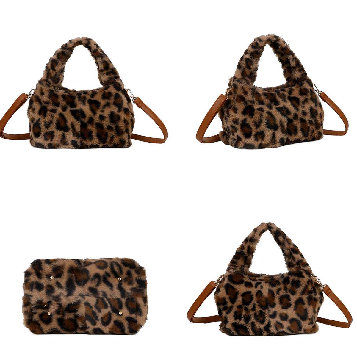 Vier Bilder einer Handtasche mit Leopardenmuster, braunen Trägern und Griffen. Verschiedene Blickwinkel zeigen Details.