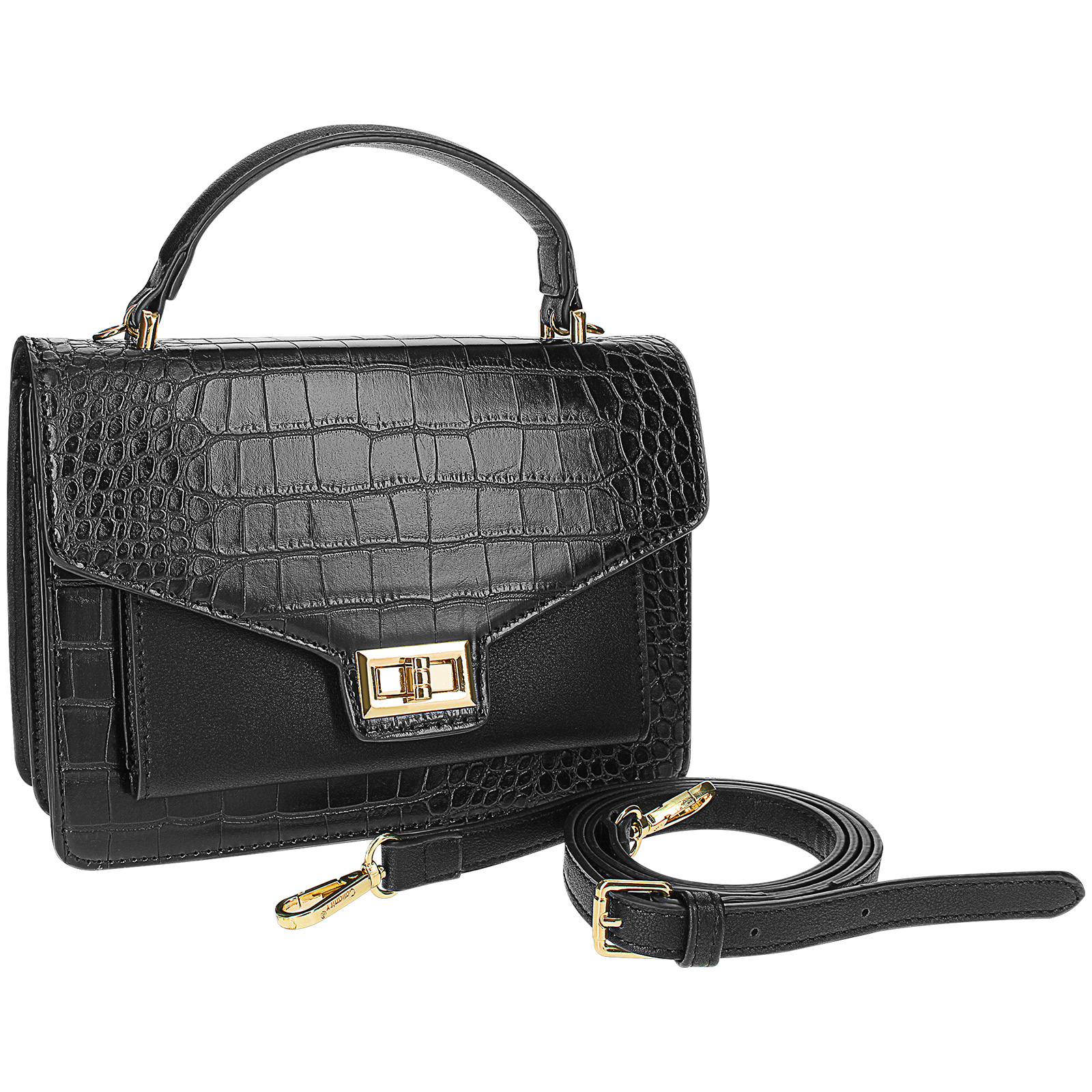 Bolso de mano de cuero negro con estampado de cocodrilo en relieve, herrajes dorados, asa superior y correa de hombro extraíble.