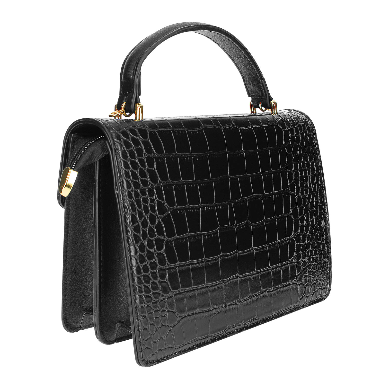 Bolso negro con estampado de cocodrilo, asa y detalles dorados. Tiene cremallera y diseño estructurado.
