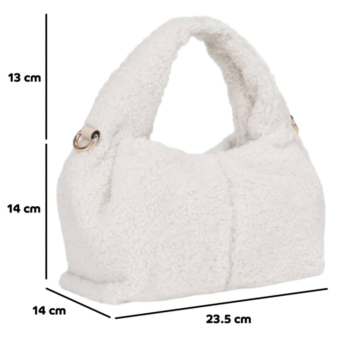 Eine weiße, flauschige Handtasche mit Griff. Abmessungen: 13 cm, 14 cm, 14 cm und 23,5 cm.