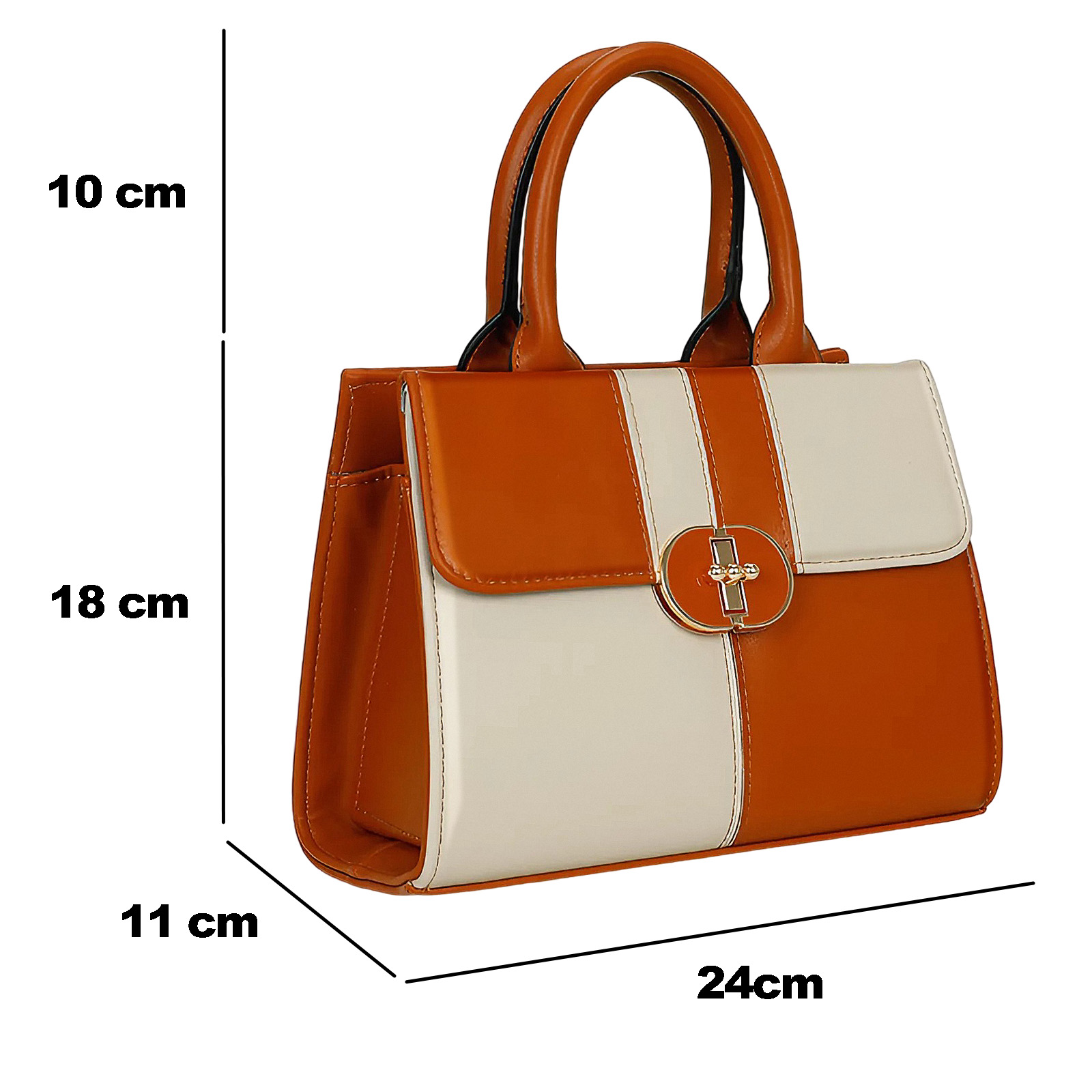 Un bolso de dos tonos. Tiene asa. El bolso es naranja y blanco, con cierre dorado.