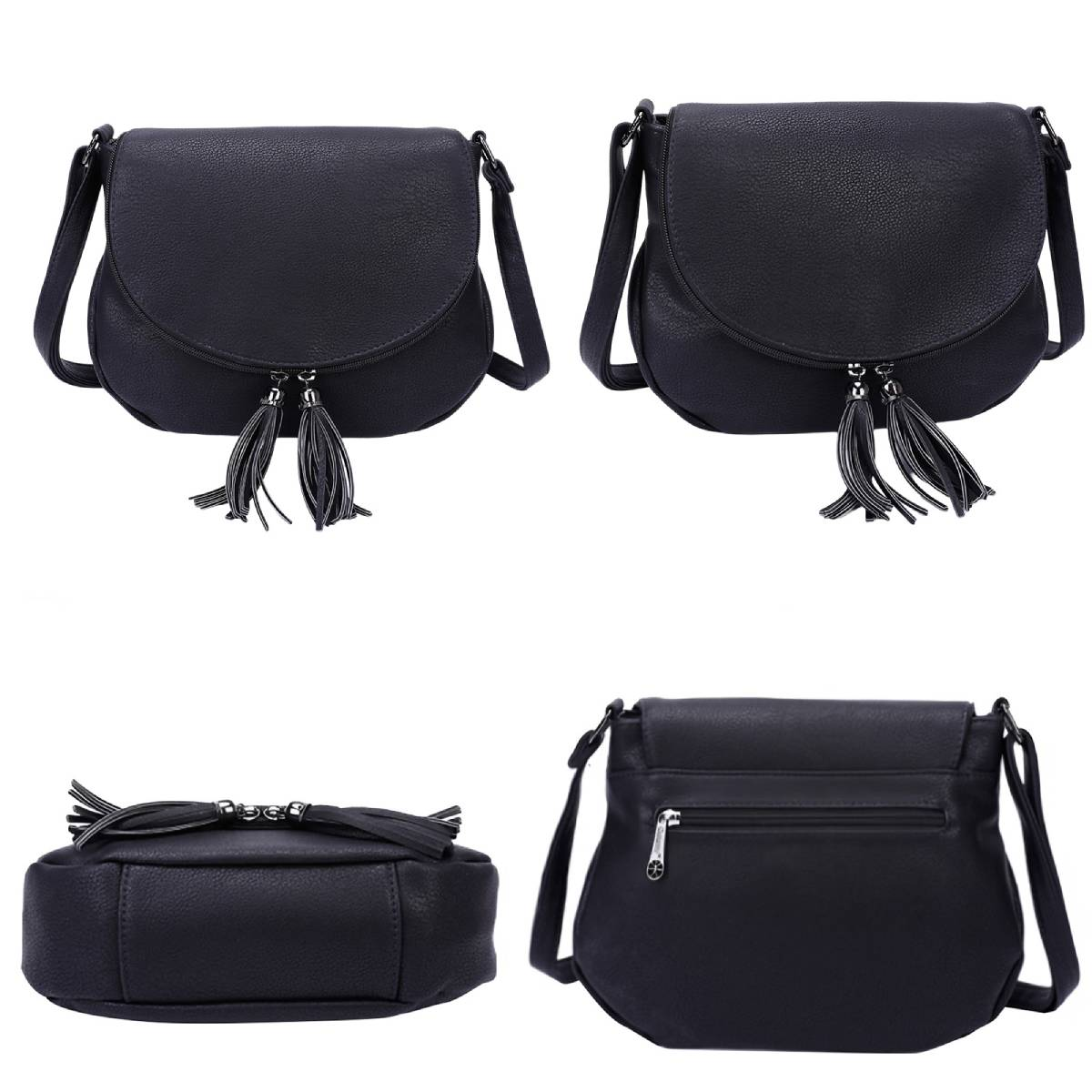 Cuatro vistas de un bolso negro con solapa y borlas. El bolso tiene una correa para el hombro y una cremallera.