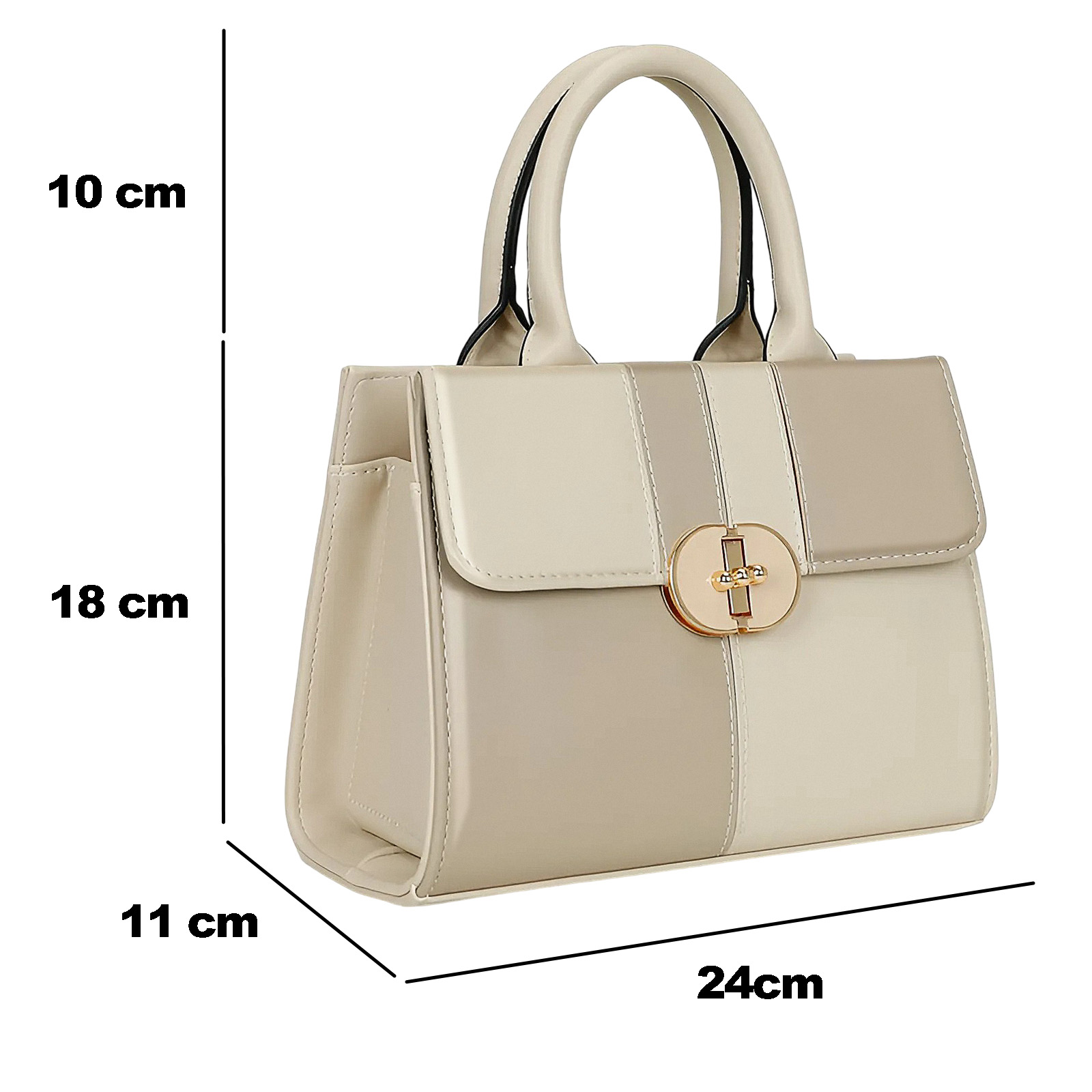 Un bolso beige y blanco con asa y cierre dorado, con medidas: 10 cm, 18 cm, 11 cm y 24 cm.
