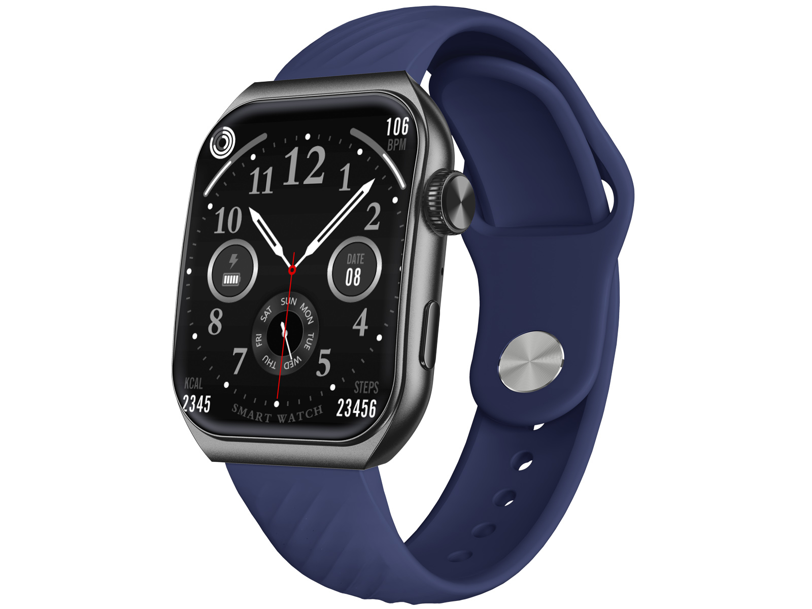Eine Smartwatch mit dunklem Bildschirm, die Zeit, Datum und Gesundheitsdaten anzeigt, mit blauem Armband. Die Uhr ist silberfarben.