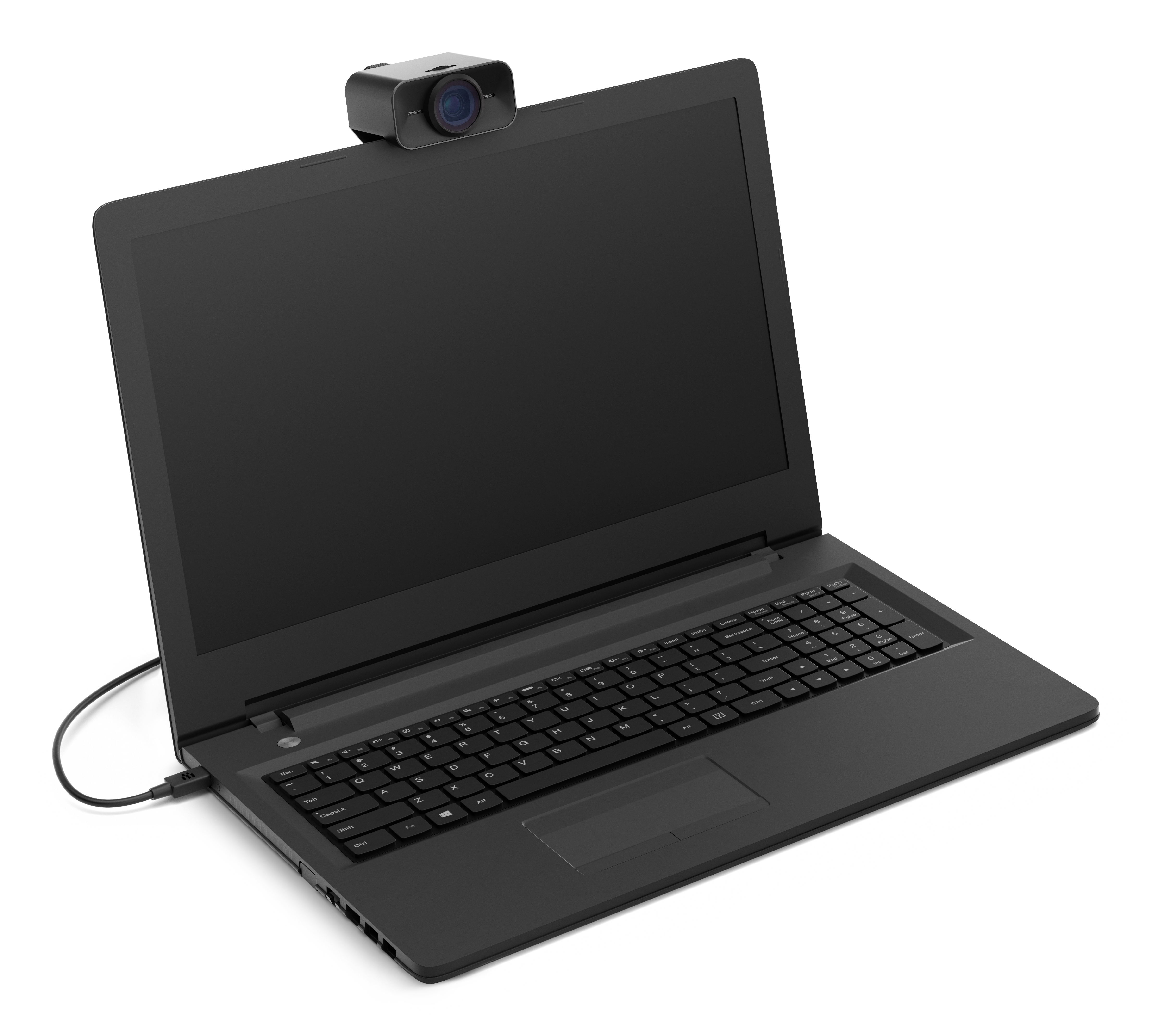 Een zwarte laptop met webcam. Het scherm is leeg. Een zwarte kabel is aangesloten.