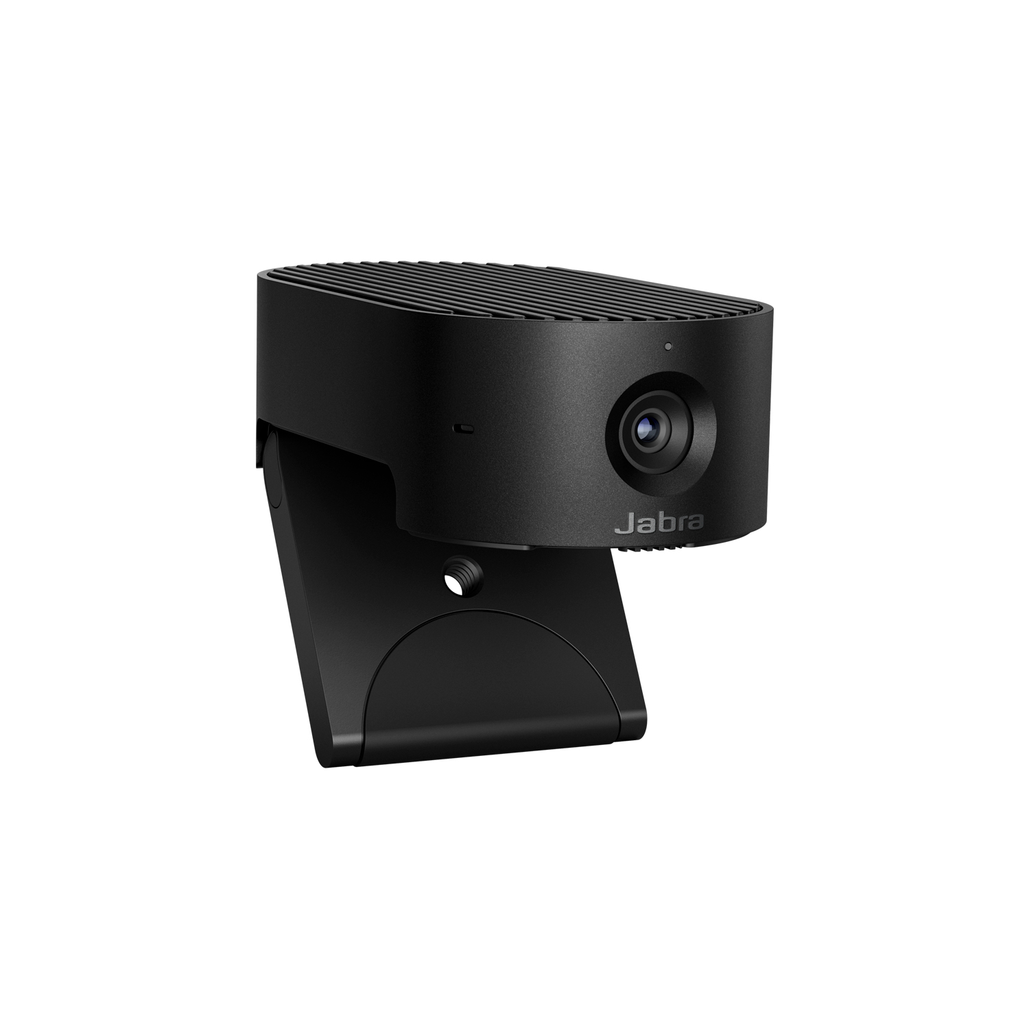 Una webcam Jabra nera. Ha un obiettivo e una griglia sulla parte superiore. È montata su un supporto nero. Lo sfondo è bianco.
