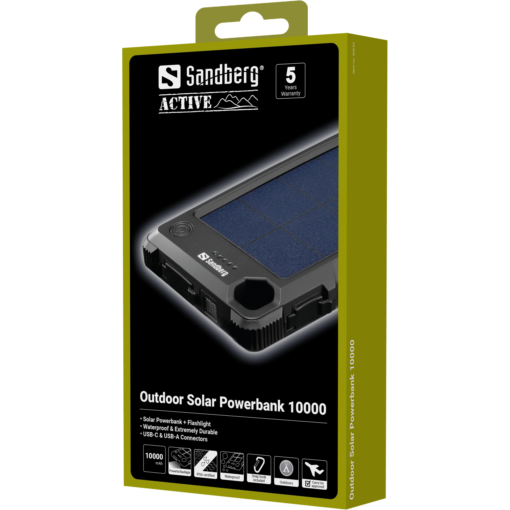 Une boîte Sandberg Outdoor Solar Powerbank 10000. Comprend panneau solaire, lampe de poche et connecteurs USB.