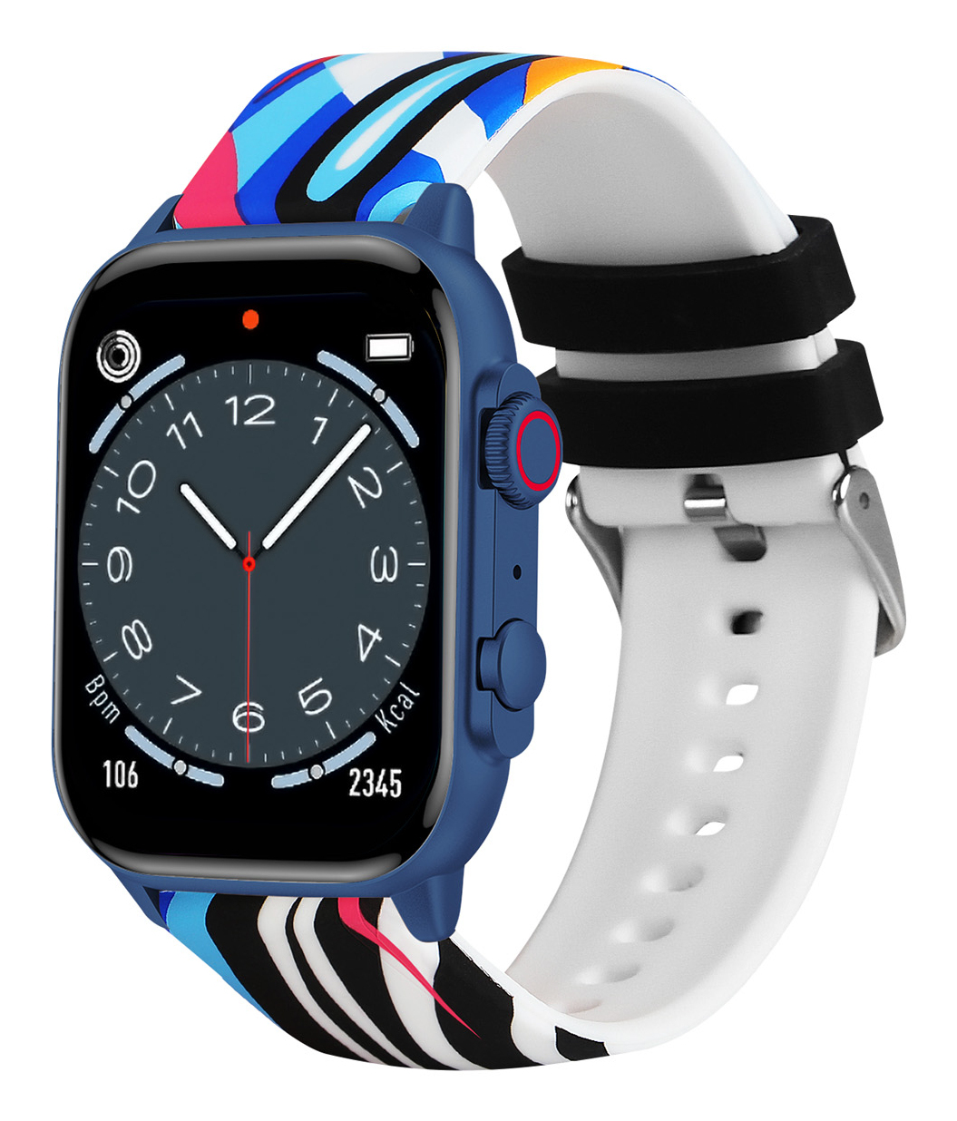 Uno smartwatch blu con cinturino colorato. Il quadrante mostra l'ora e i dati sanitari. Il cinturino è bianco con dettagli neri.
