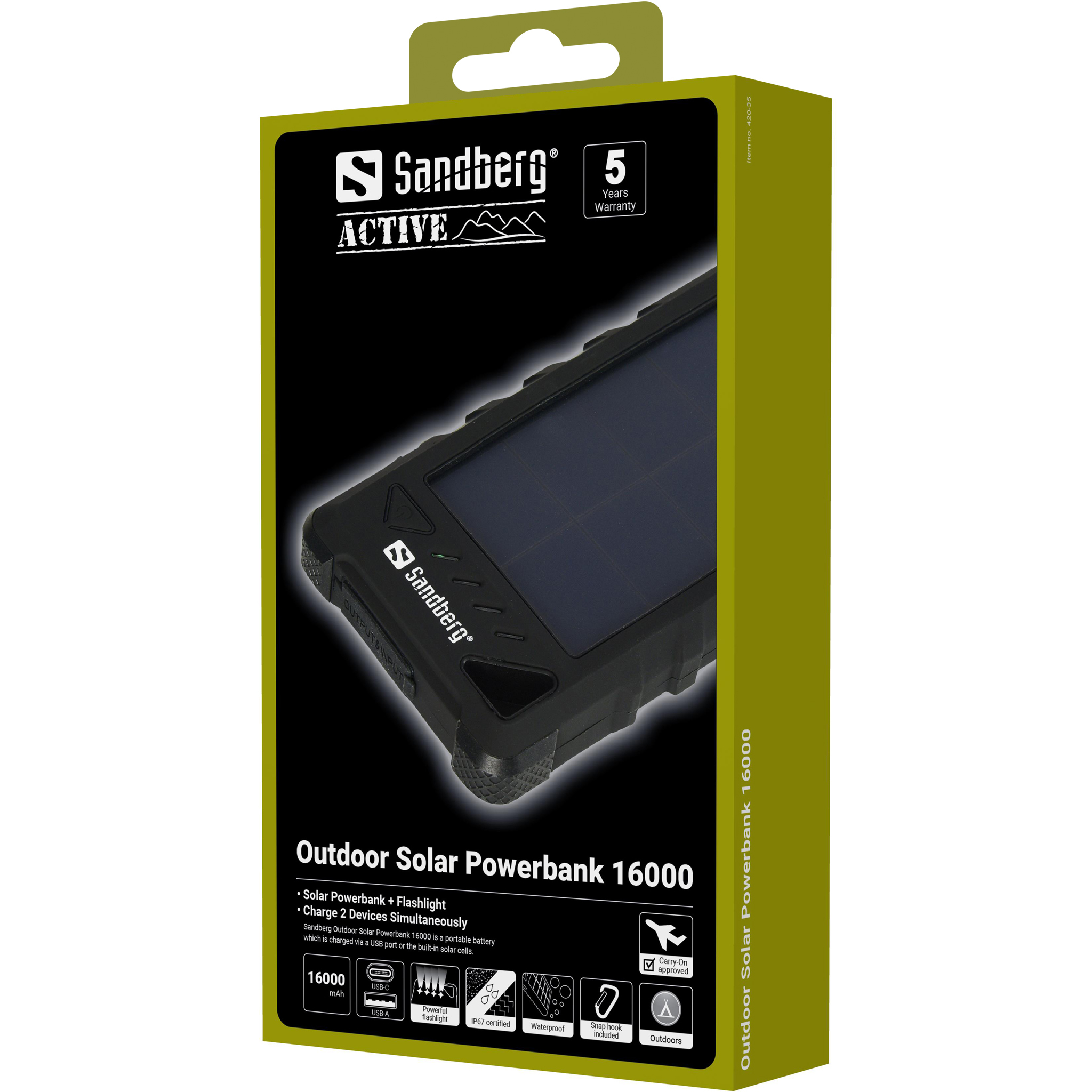 Schwarze Box von Sandberg Outdoor Solar Powerbank 16000. Mit Solarpanel, USB, Taschenlampe und Outdoor-Funktionen.