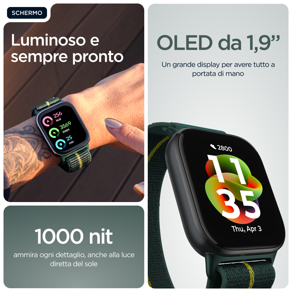 Nadgarstek z smartwatchem wyświetlającym statystyki. Zegarek ma ciemny ekran z cyframi i ikonami. Obecny jest również tekst włoski.