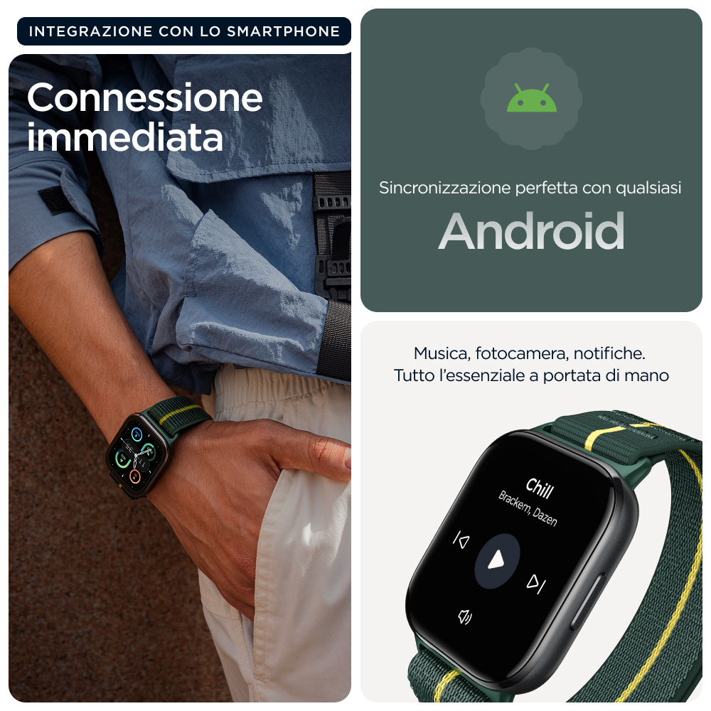 Osoba nosząca smartwatch. Zegarek wyświetla kontrolki muzyki. Tekst zawiera 'Android' i 'Connessione immediata'.