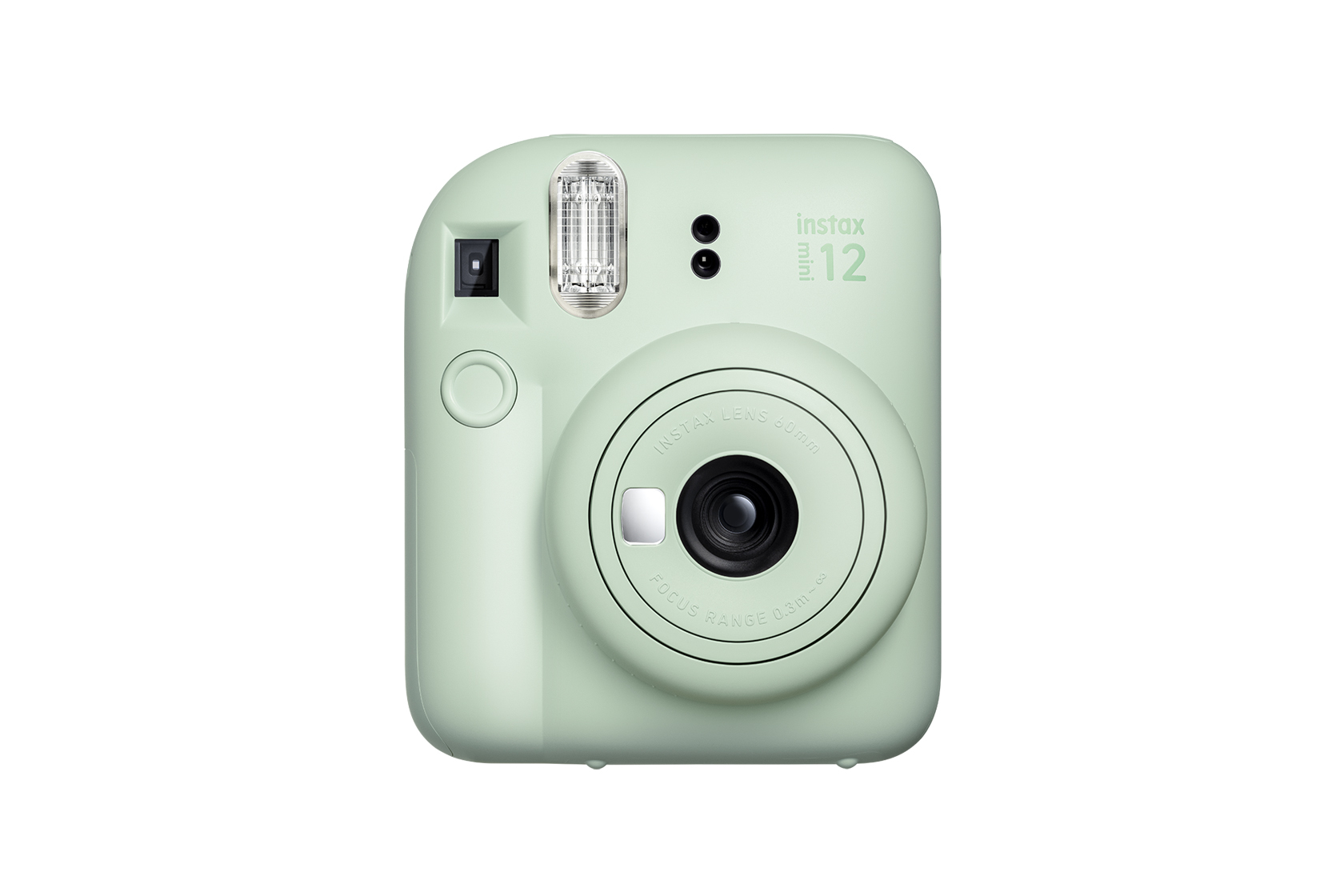 Miętowa zielona kamera Instax Mini 12. Ma obiektyw, lampę błyskową i przyciski. Tekst brzmi 'instax mini 12'.